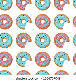 Seamless pattern with mouth-watering pink and blue whole and half-eaten donuts with icing on a white background. Vector pattern in flat style.