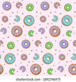 Patrón inmaculado con seductores rosados y azules enteros y donuts a medio comer con hielo y migajas en un fondo rosa claro. Patrón vectorial en estilo plano.