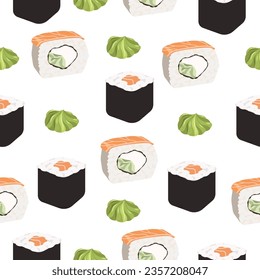 Seamless pattern of mouth-watering sushi, rolls and wasabi on a white background.Vector pattern for restaurants,textiles, backgrounds.