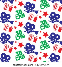 Seamless pattern of movie design elemen. film reel, clapper, popcorn, 3D glasses, soda cup. 