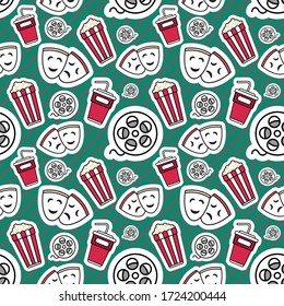 Seamless pattern of movie design elements and cinema icons. Background with film symbols in vintage style. Creative cinema pattern with theater mask, popcorn, glasses, soda cup.Decorative wallpaper