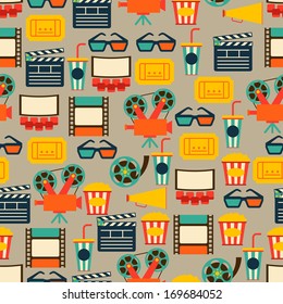 Seamless pattern of movie elements and cinema icons.