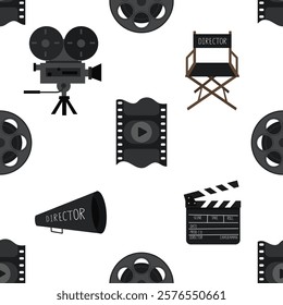 A seamless pattern with movie production design elements. Cinema themed print.