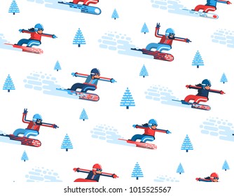 Seamless pattern with moving snowboarders and firs in a flat style. Enabled in the swatches panel.