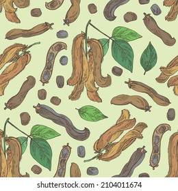 Seamless pattern with mucuna pruriens : leaves, mucuna pruriens pod and plant. Kapikacchu. Cosmetic, perfumery and medical plant. Vector hand drawn illustration.
