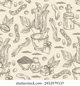 Seamless pattern with mucuna pruriens : leaves, mucuna pruriens pod and plant. Kapikacchu. Oil, soap and bath salt . Cosmetics and medical plant. Vector hand drawn illustration