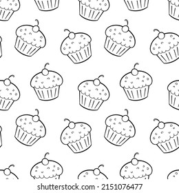 Seamless Pattern With Muffin With Cherry On Top Hand Drawn Doodle Outline Vector