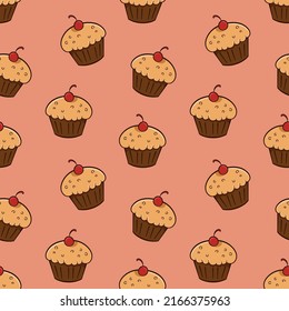Seamless pattern with muffin with cherry on top doodle vector