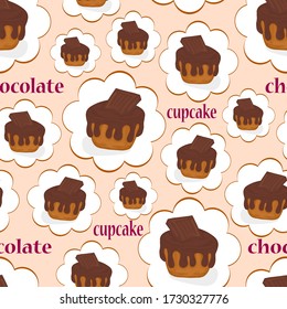 seamless pattern muffin with chocolate icing cream sweets dessert confectionery delicacy background vector illustration banner holiday element baking