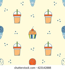 Seamless pattern with muffin, Ice cream and drink. Vector illustration.