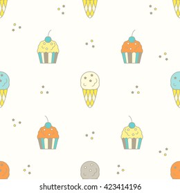 Seamless pattern with muffin and Ice cream. Vector illustration.