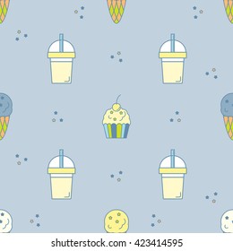 Seamless pattern with muffin, Ice cream and drink. Vector illustration.