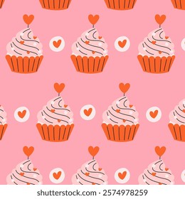 Seamless pattern with muffin,cupcake with hearts. Cute girly illustration. Perfect for Valentines day, wedding invitation, birthday card.