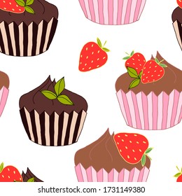 Patrón sin foco con muffins en cestas. Dibujo hecho a mano. Imagen vectorial de color. Impresión para textiles, tarjetas de felicitación, papel de envoltura.