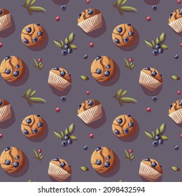 Seamless pattern with muffins and berries. Baking, bakery shop, cooking, sweet products, dessert, pastry concept. Perfect for product design, scrapbooking, textile, wrapping paper.