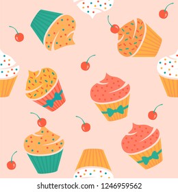 Seamless pattern with muffins and cherry. Vector illustration.