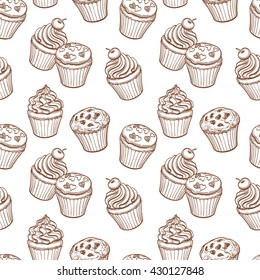 Seamless pattern with muffins and cupcakes. Hand drawn vector illustration.
