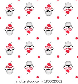 Seamless pattern with Muffins decorated with round Berries and a Cherry on white background. Linear Vector black drawing and red fills