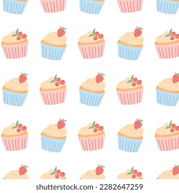 Seamless pattern with muffins. Print with cupcakes with kem and berries. Vector illustration. Flat style.