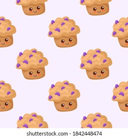 Nahtloses Muster mit Muffins mit Rosinen auf hellviolettem Hintergrund. Kawaii wiederholt Hintergrund mit süßem Lächeln Nachtisch. Kuschelpapier, Speisesaal, Menudekoration. Adorable Essensart.