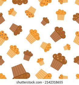 Seamless pattern of muffins. Vector illustration on white background. Pattern with cartoon hand drawn muffins with chocolate, berries.  