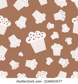 Seamless pattern of muffins. Vector illustration on white background. Pattern with cartoon hand drawn muffins with chocolate, berries.  