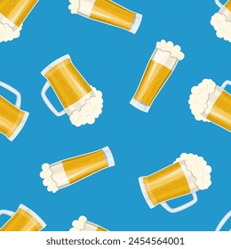 Seamless pattern mug of beer. Bar card. Alcohol party background. Pint beer. Beer poster. Vector illustration in flat style