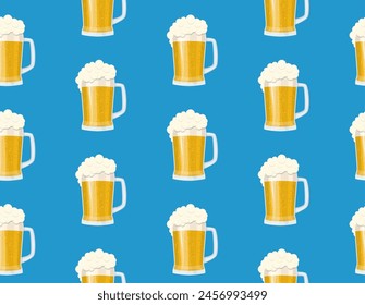 Seamless pattern mug of beer. Bar card. Alcohol party background. Pint beer. Beer poster. Vector illustration in flat style