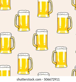 Seamless pattern mug of beer. Bar card. Alcohol party background. Cartoon style beer. Hand drawing beer. Vector illustration beer. Beer background. Pint beer. Beer poster. Beer card. Beer glass.