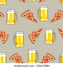 Seamless pattern mug of beer and pizza slice. Bar card. Alcohol party background. Cartoon style. Hand drawing beer and pizza. Vector illustration food and drink. Beer background. Pizza background.