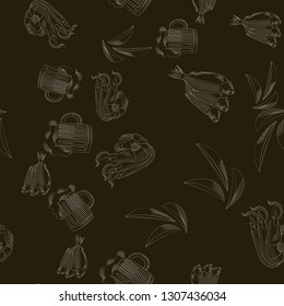 seamless pattern with mug of beer, Shrimp, potato chips and fish