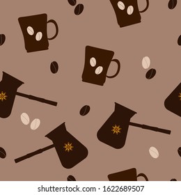 
Seamless pattern: mug, cezve, coffee beans and star anise on a brown background. vector. illustration