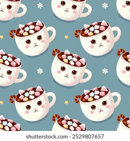 seamless pattern of a mug of cocoa with marshmallows, cinnamon. Festive Christmas drink with sweets. Vector