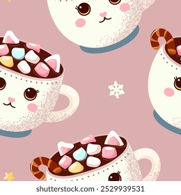 padrão sem emenda de uma caneca de cacau com marshmallows, canela. Bebida de Natal festiva com doces. Vetor