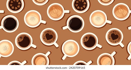 Seamless pattern with a mug of coffee. Set of drinks: latte, cappuccino, Americano, espresso, mocha, cocoa. Suitable for printing on textiles, wrapping paper, covers. Vector illustration for cafe.