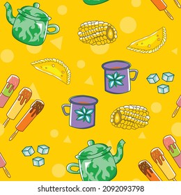 seamless Pattern of Mug Cup, Glass, Ice cube, Ice cream, corn and Pastel.