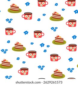 Seamless pattern with mug, flowers and delicious cake. Warm morning beverage, teatime. Flat graphic tea vector illustration on a white background. 
