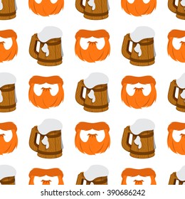 Seamless pattern with a mug of foamy beer and a red beard.