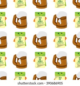 Seamless pattern with a mug of foamy beer and a calendar on 17 March.
