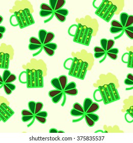 seamless pattern of mug with green ale and clover. St. Patrick's Day theme.