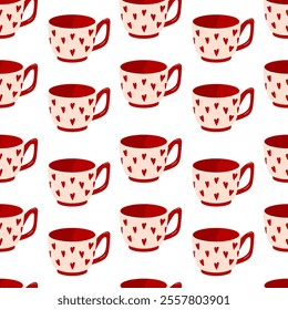 Seamless pattern with mug with heart in flat style for Valentine Day. Colorful cup on white background for coffee, tea, beverage. Design for web, textile, print, packaging.