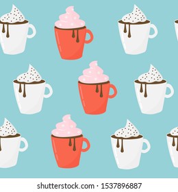 Seamless pattern of a mug of hot chocolate. Theme of the New Year, Christmas, winter weekend. Vector illustration for cards, posters, wrapping paper, print