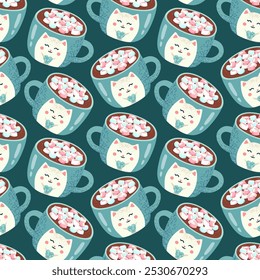 Taza de chocolate caliente sin patrón en forma de gato con malvaviscos sostiene un corazón en sus manos. Cacao, café, café con leche, bebida, té. Ilustración vectorial,