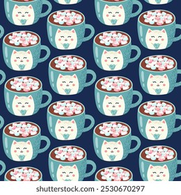 Taza de chocolate caliente sin patrón en forma de gato con malvaviscos sostiene un corazón en sus manos. Cacao, café, café con leche, bebida, té. Ilustración vectorial,