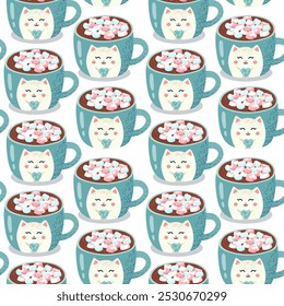 Taza de chocolate caliente sin patrón en forma de gato con malvaviscos sostiene un corazón en sus manos. Cacao, café, café con leche, bebida, té. Ilustración vectorial,