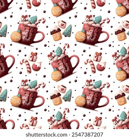 Seamless pattern with mug of hot chocolate with gingerbread cookies, marshmallows, candy canes. Christmas and New Year greeting. Vector illustration.