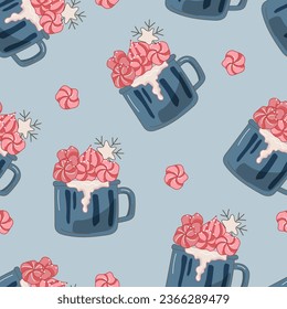 Seamless pattern with mug with hot drink and marshmallow. Vector illustration.
