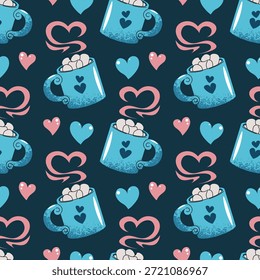 Patrón Sin Costuras Con Taza, Malvaviscos Y Corazones En Estilo Plano. Textura acogedora de la bebida caliente del día de San Valentín para la tela, el fondo, el empaquetado, el Fondo de pantalla y el diseño superficial. Concepto de Confort Dulce