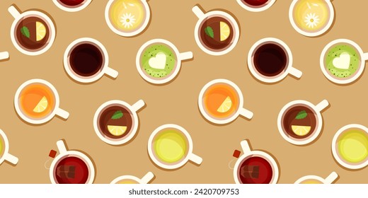 Seamless pattern with a mug of tea. Set of different types: black, green, chamomile, red, lemon, matcha. Suitable for printing on textiles, wrapping paper, covers. Vector for cafe. Top view.
