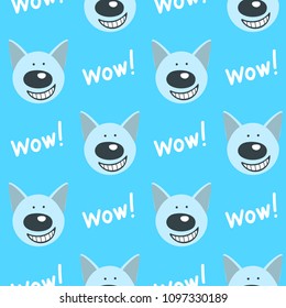 Seamless pattern with mug of a wolf and the inscription wolf on a blue background. For Wallpaper, textile, fabric, printing, wrapping and packaging paper, background. 